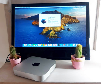Mac Mini Late 2012 con monitor ASUS y macOS Catalina encendido