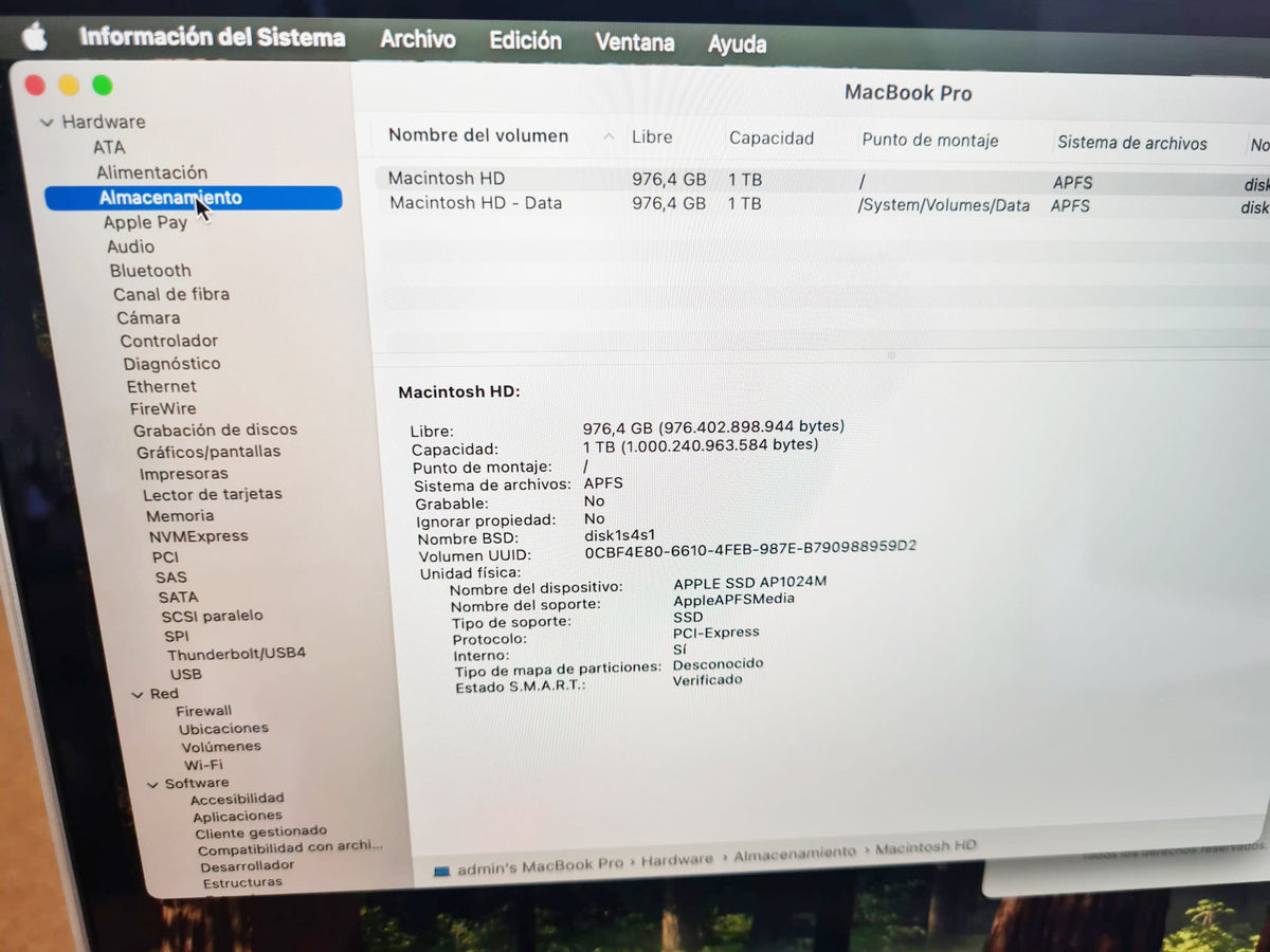 MacBook Pro 15 2018 - Información del Sistema almacenamiento 1TB SSD